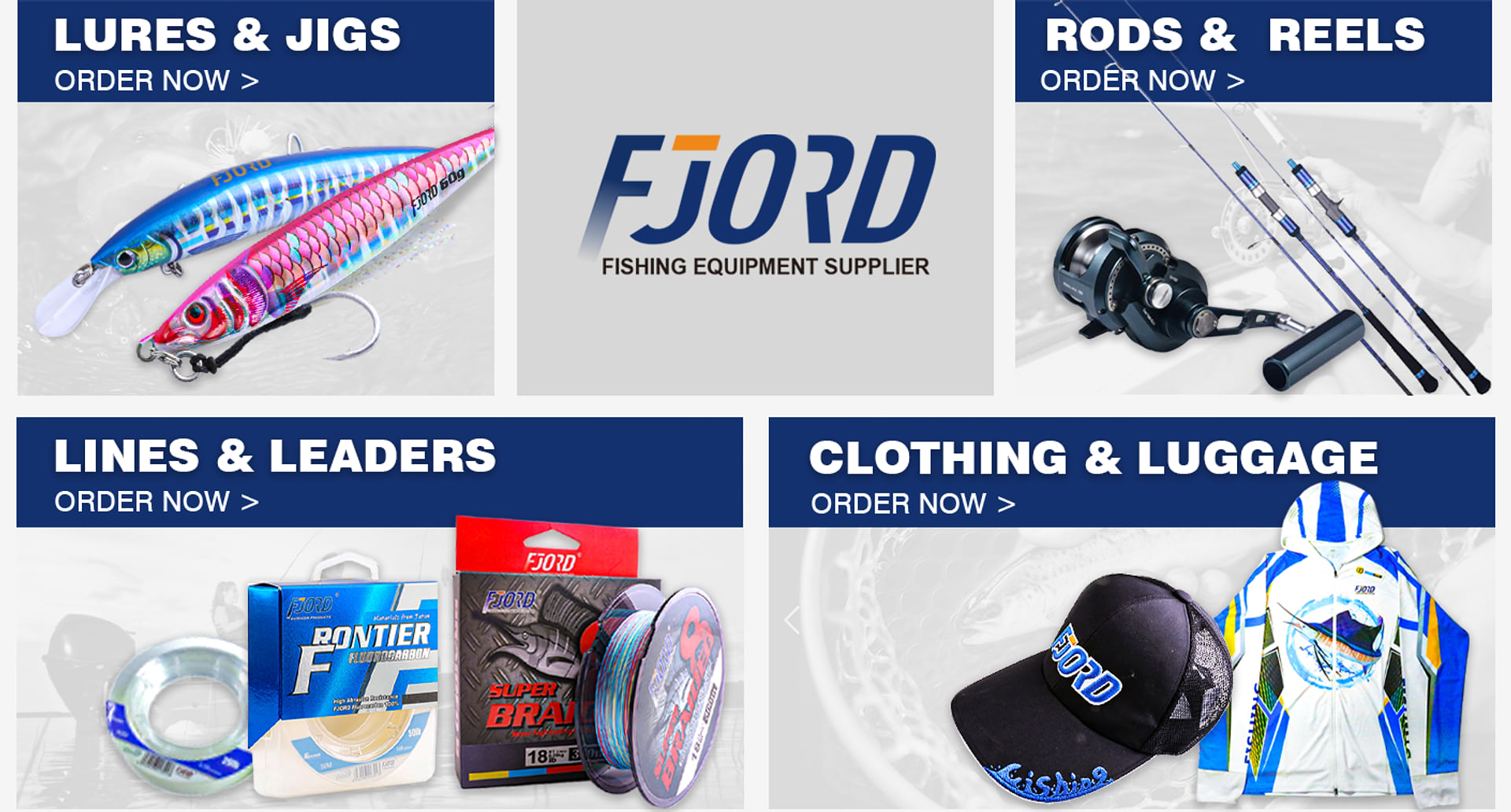 FJORD fishing tackle by category — lures and jigs, rods and reels, lines and leaders, clothing and luggage