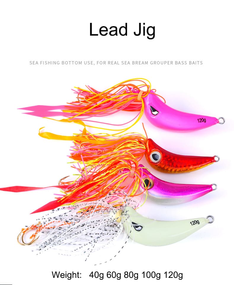 FJORD OEM 40g 60g 80g 100g 120g Bass Real Sea Bream Metal Lures Luminous Bait with Skirts detail 6