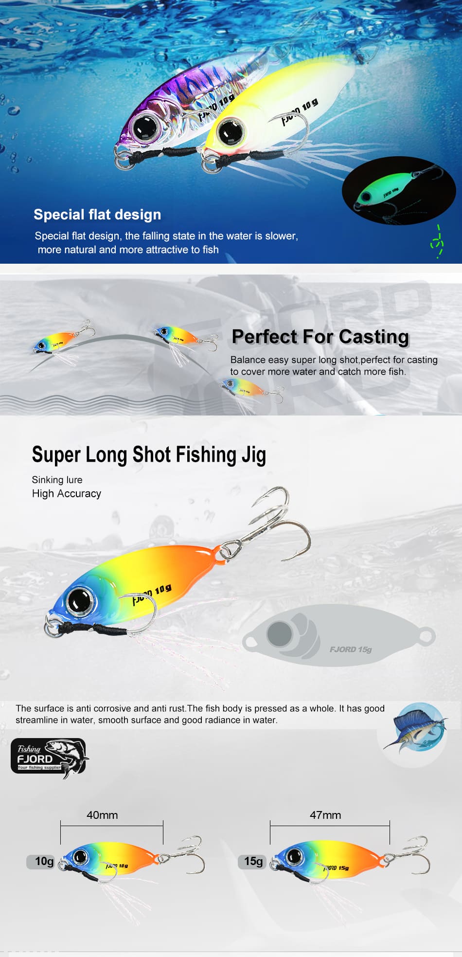 FJORD Jig Lures Saltwater Fishing Lure Kit Metal Jig 10g 15g 40mm 47mm River & Lake detail 4