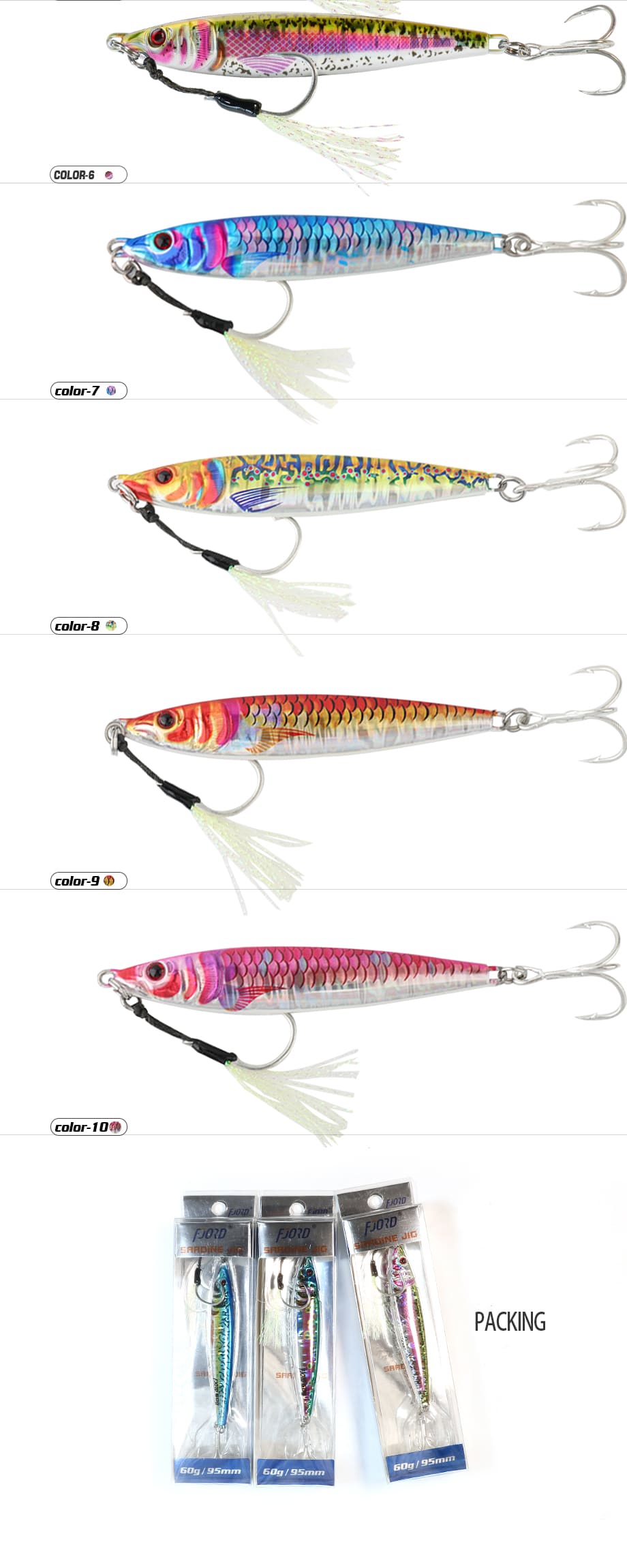 FJORD OEM 20g 30g 40g 60g Jigging Lure Saltwater Metal Jig for Long Casting 3D Color Jigs detail 3