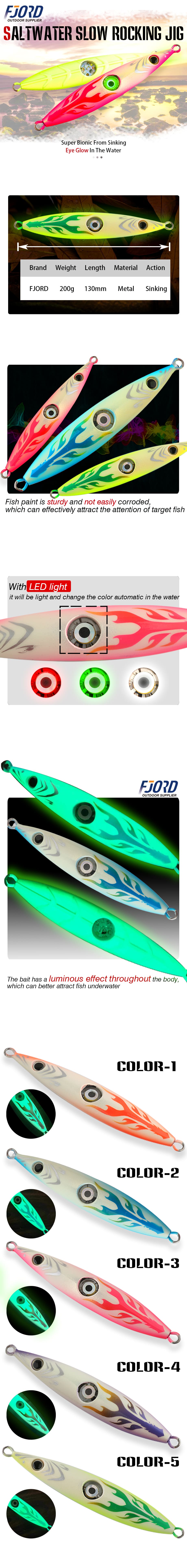 FJORD 200g Saltwater Metal Jig Lure with LED Light Full Glow for River Lake Stream Fishing detail 1
