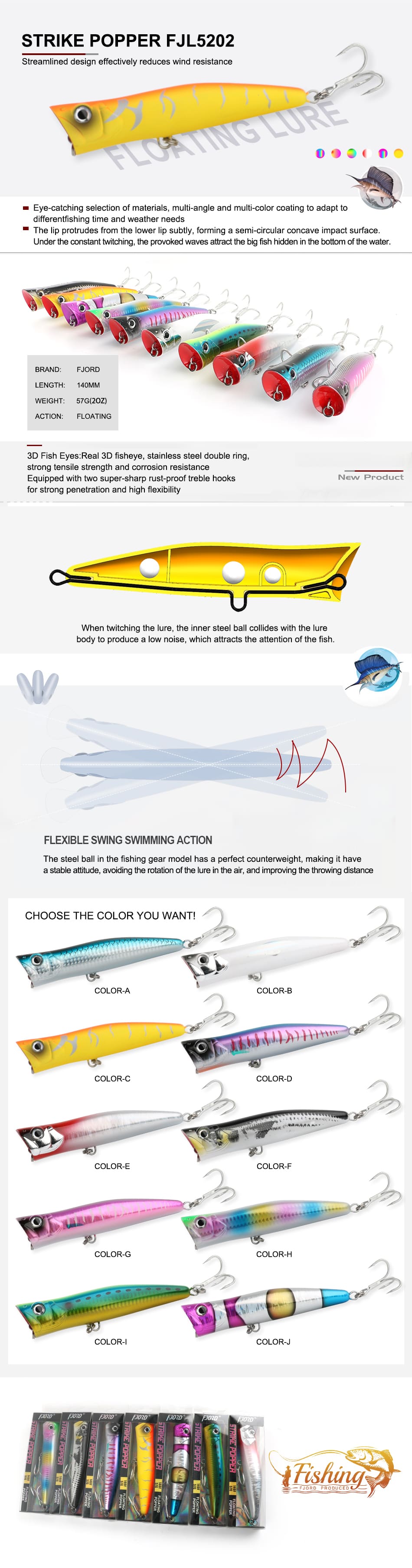 FJORD Popper Lure 57g 140mm Floating Saltwater Fishing Lures Strike Poppers Tuna Lure detail 1