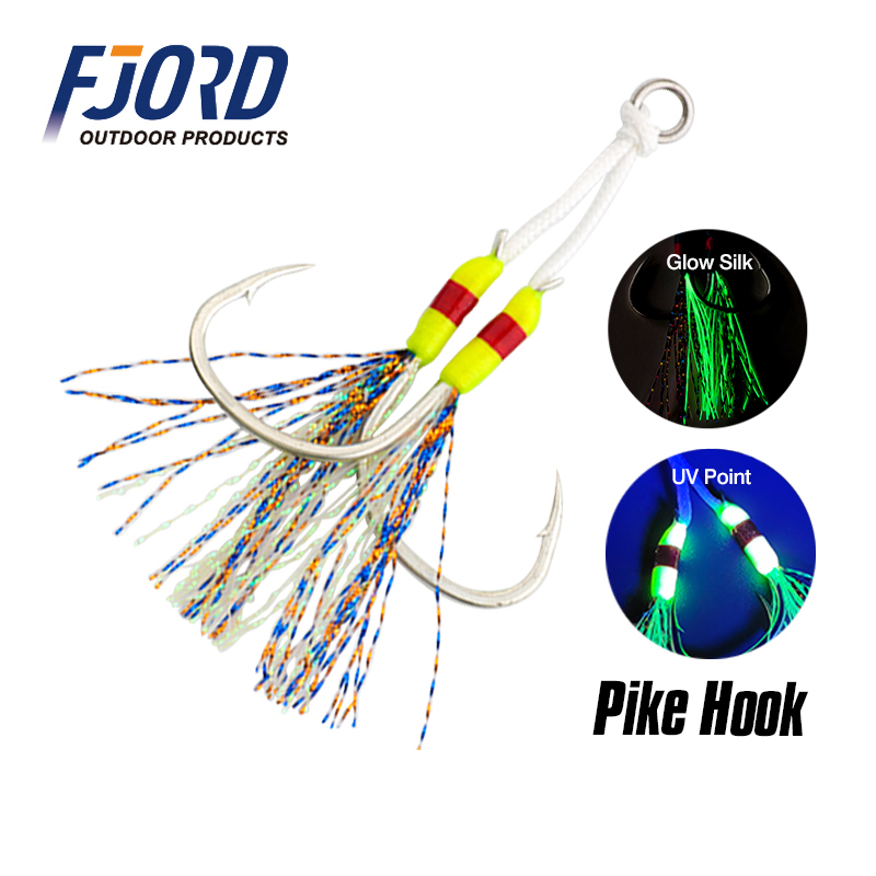 FJORD Heavy Duty Glow Assist Hook 1/0 2/0 3/0 Jigging Double Assist Hooks With Feather