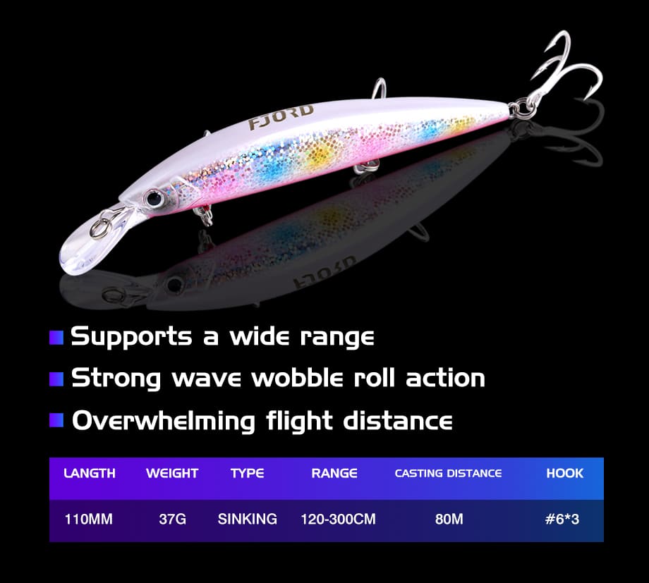 FJORD New Design Fishing Lures Minnow Custom110mm 37g 3D Printing Glow Lure Body Sinking Fishing Lures for Sea detail 2