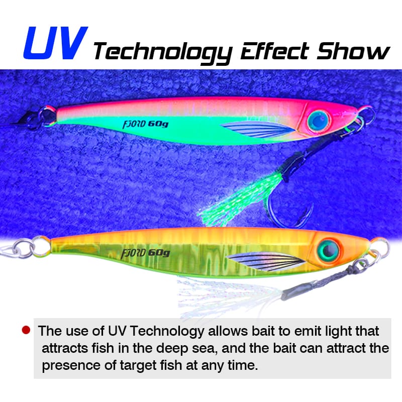 FJORD 2024 Stock Jig Lures 40g 60g  UV GLOW Slow Pitch Jigs Metal Swing Jig Assist Hook detail 8