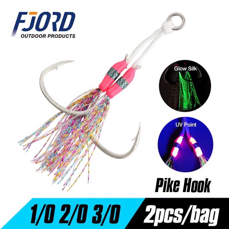 FJORD High Carbon Steel Stainless Steel Luminous Assistant Hooks 1/0 2/0 3/0 Luminous Feather Double Jig Assist Hook detail 1